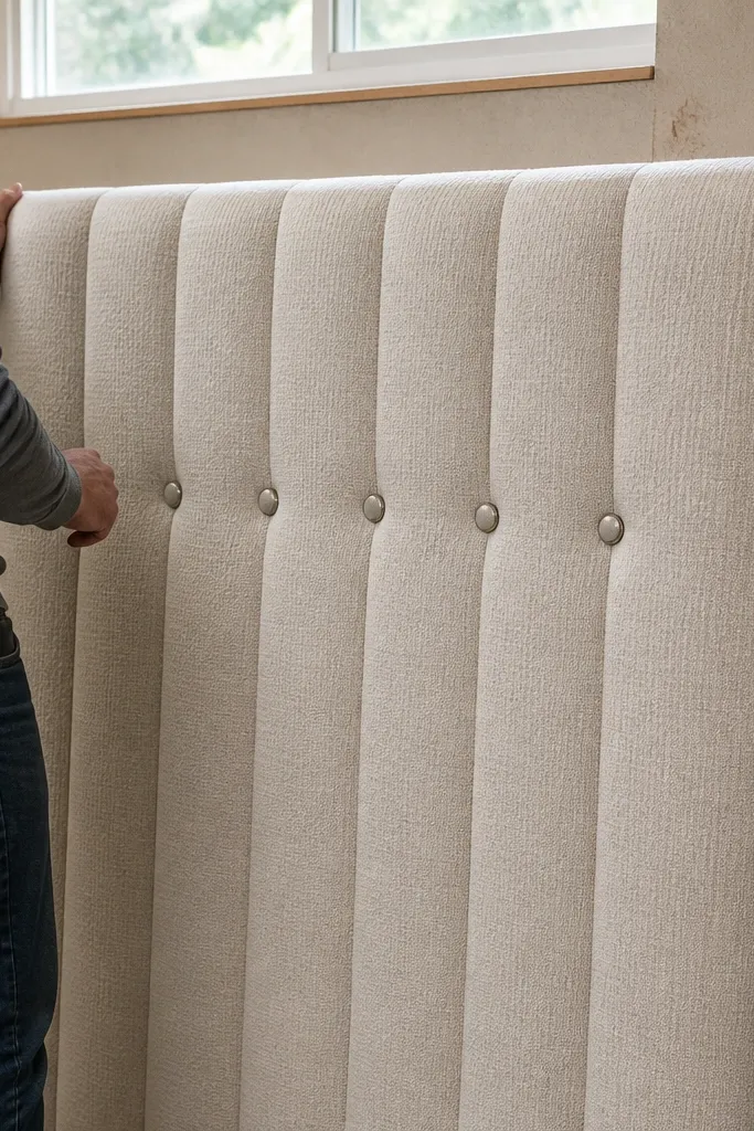 Upholstered headboard with vertical channel texture and button-like accents