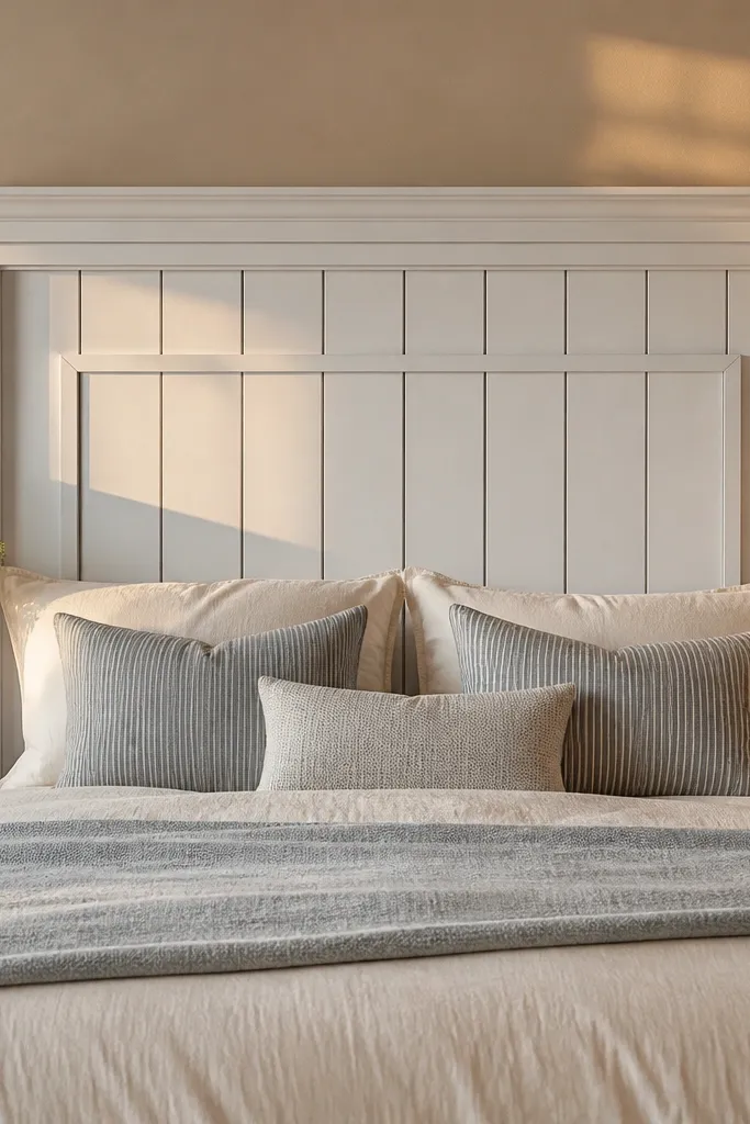 Framed board-and-batten headboard panel with vertical slats