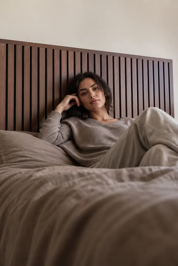 Modern headboard with evenly spaced wood slats in a dark stain