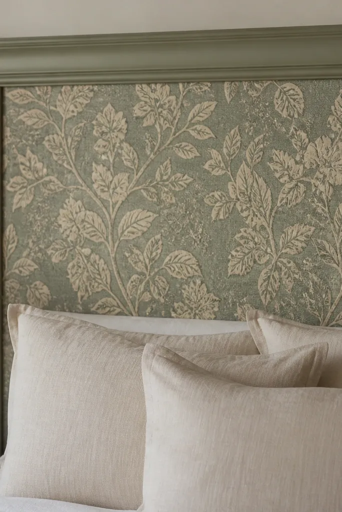 Framed headboard panel with patterned wallpaper and a thick border