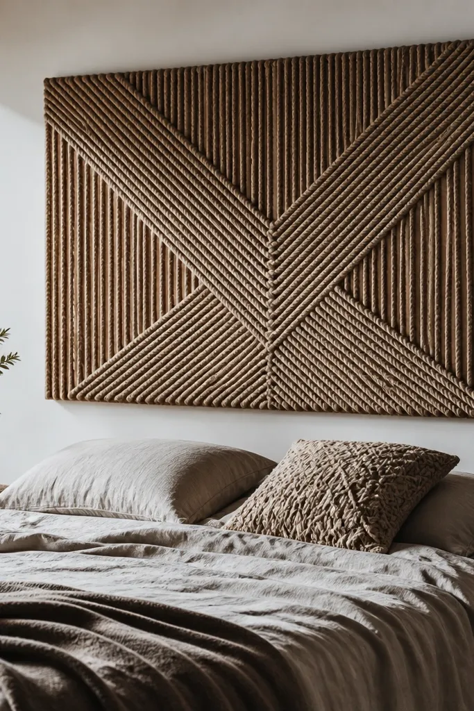 Soft rope macramé headboard panel with a neutral, airy texture