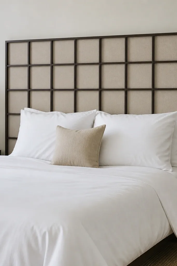 Metal grid headboard with dark painted grid and soft backing behind