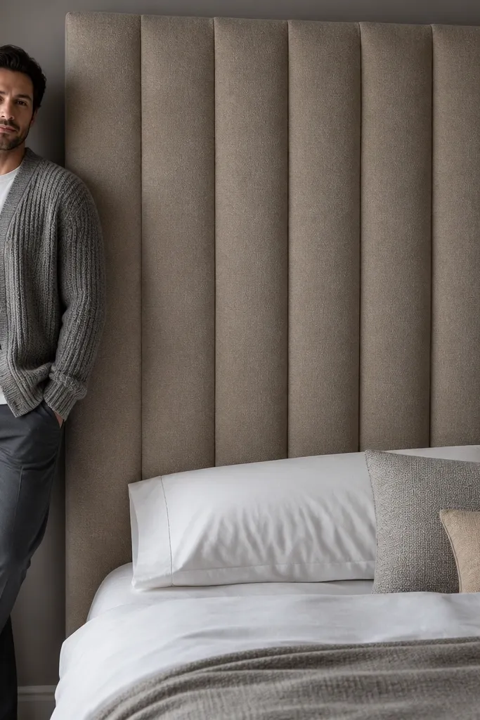 Large headboard with deep stitched horizontal channels and soft fabric texture