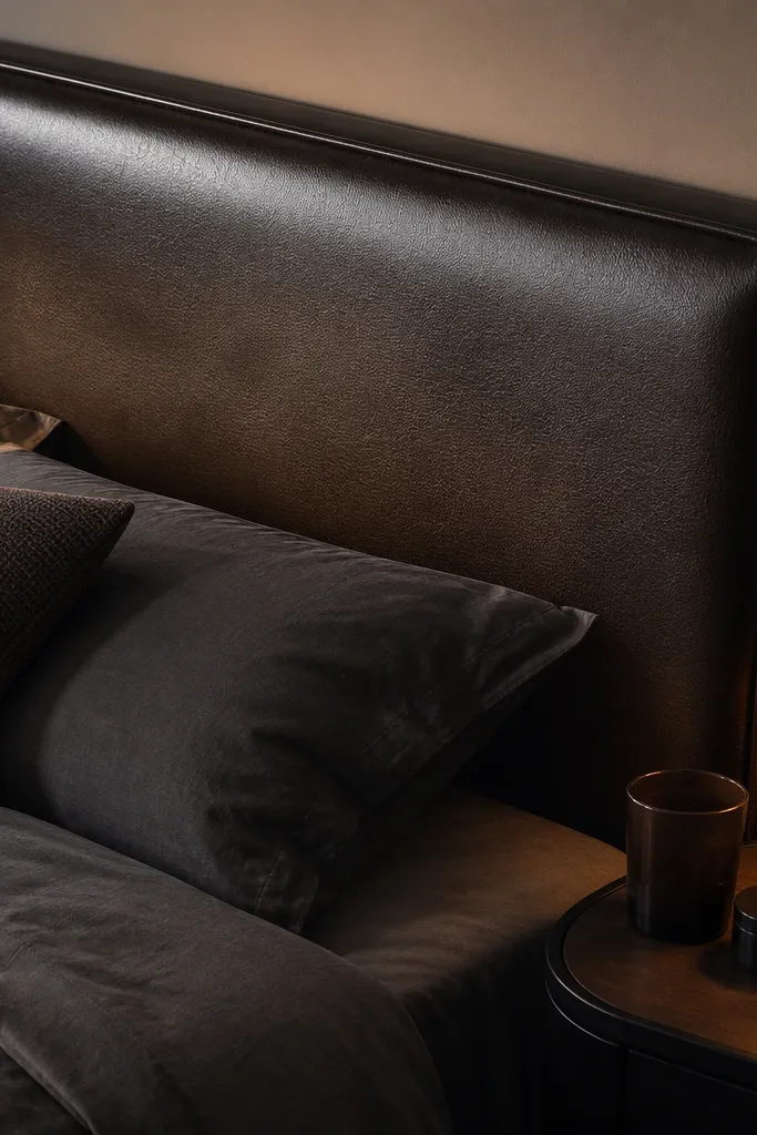Headboard in dark faux leather with clean wrapped edges and a discreet closure