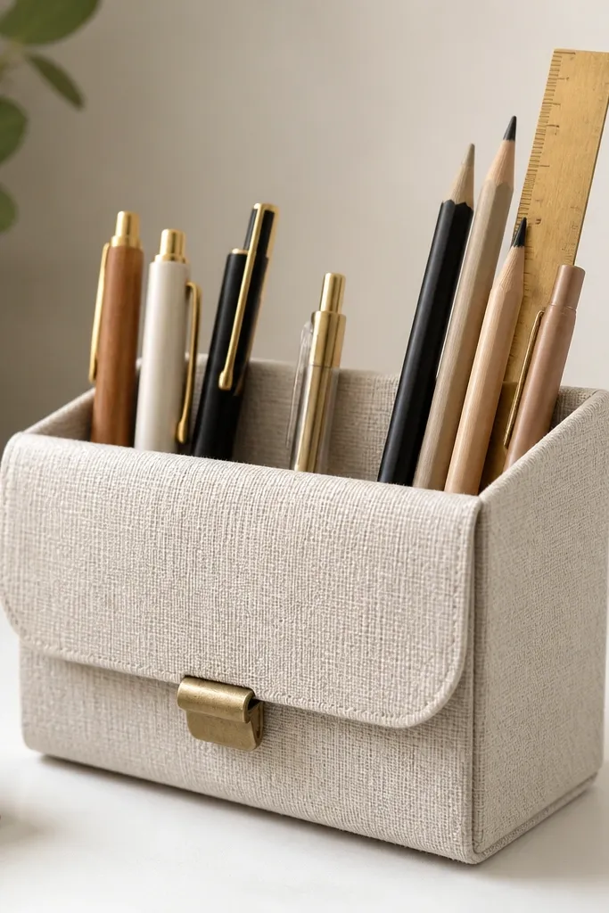 A small rectangular organizer wrapped in light beige linen fabric, with a brass-toned pull tab on the front flap. Inside are pens, pencils, and a ruler standing upright.