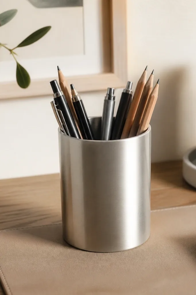 A brushed nickel metal cup holding only pens and pencils. Markers are in a separate container off to the side. The cup sits on a desk mat in warm light wood tone.