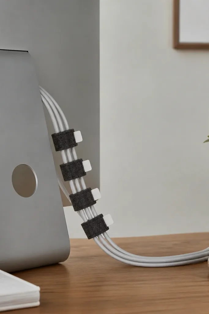 Four charcoal felt cable wraps bundled around charging cords. Each wrap has a small white label tag. The cords run behind a monitor stand and reappear neatly in one corner.