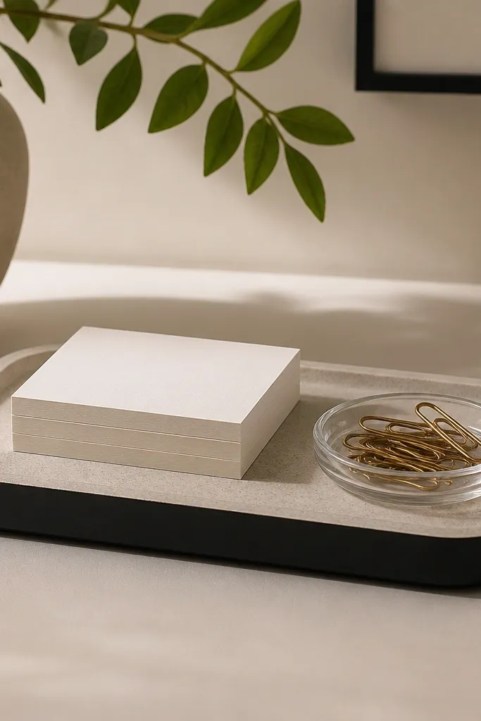 A shallow tray with a matte black base and light stone top. Sticky notes sit stacked on one side, paper clips in a small clear dish on the other.