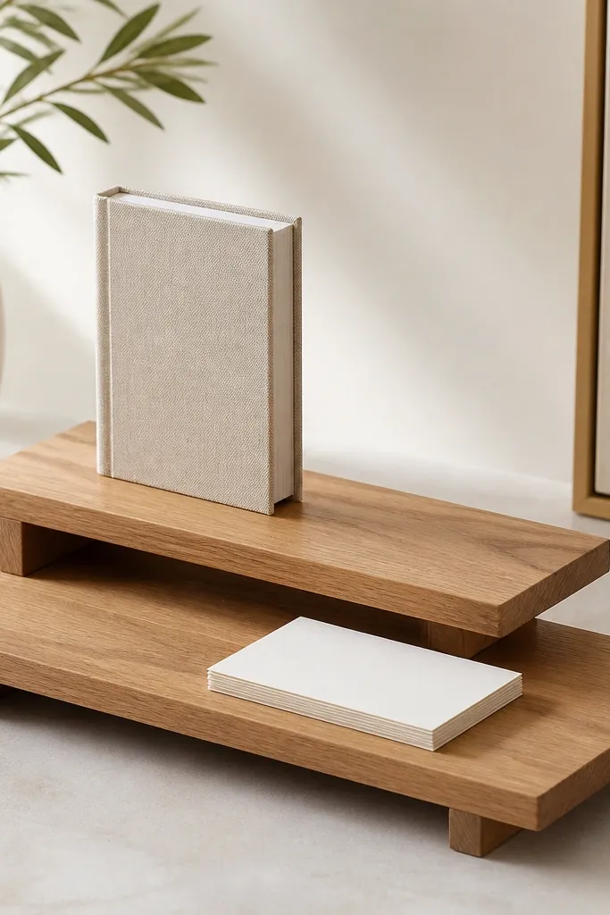 Two slim wood risers stacked in a staggered pattern. A small book sits upright on the top riser and a set of index cards rests neatly on the lower riser.