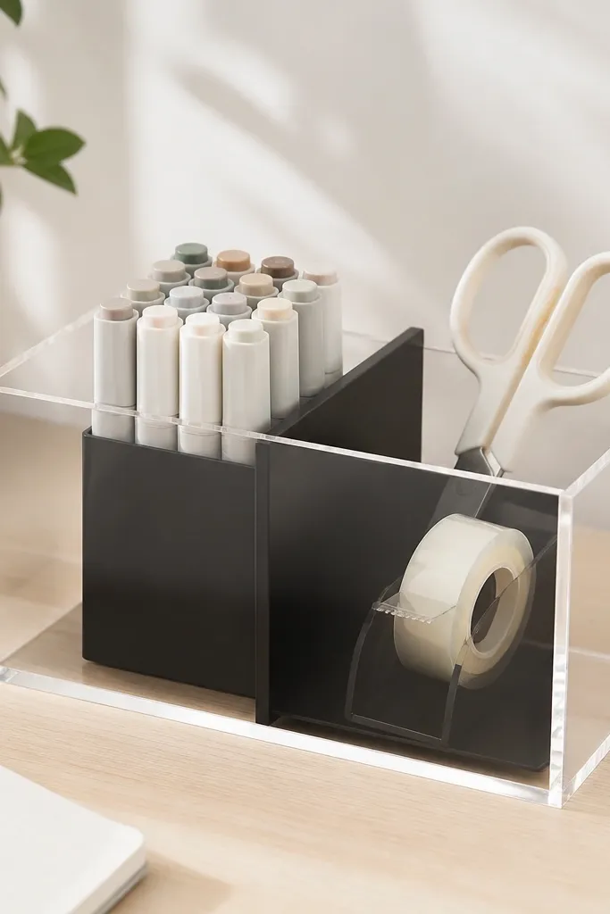 A clear acrylic box with a black divider board inside, creating two neat sections. One section holds markers, the other holds scissors and tape.