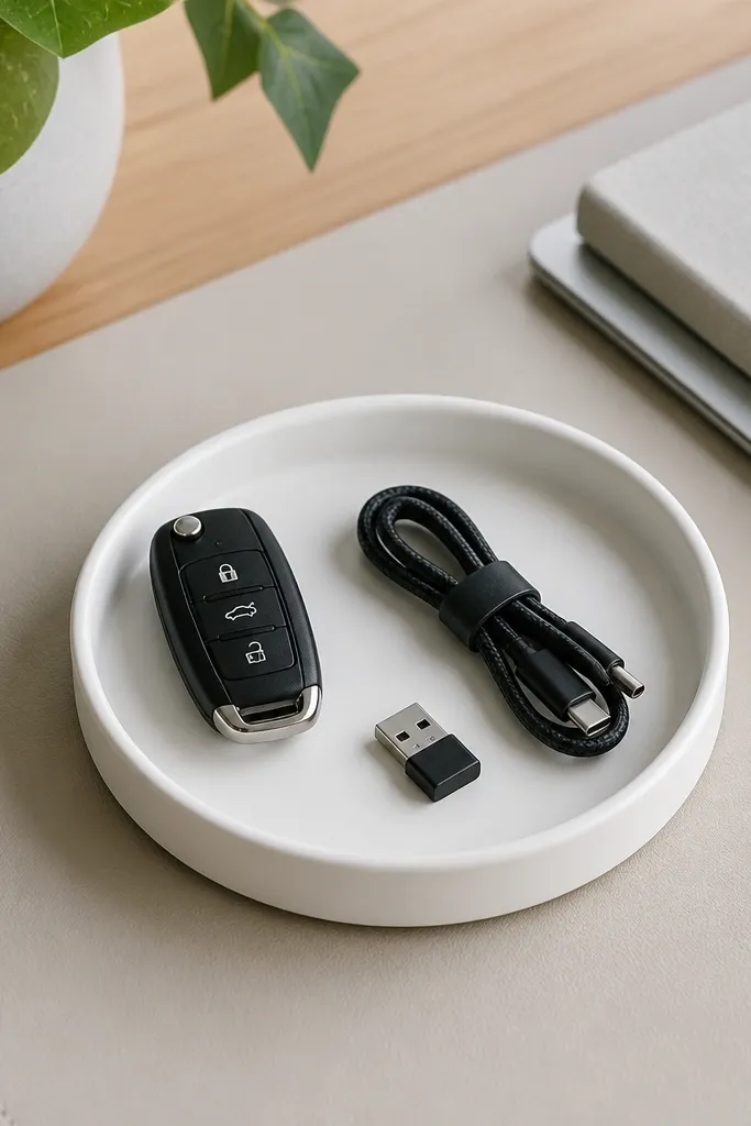 A matte white ceramic dish on the desk holding a car key, a small USB adapter, and a folded cable. The dish has a raised rim and sits on a neutral desk mat.