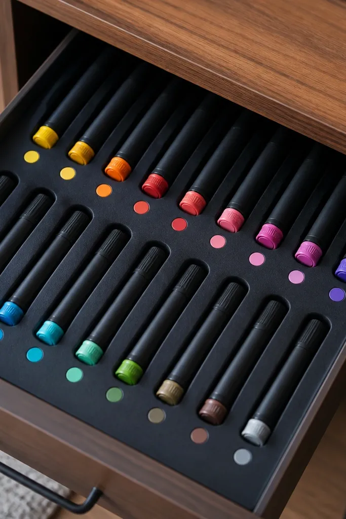 Inside a desk drawer, a custom cardboard insert painted matte black creates slots for markers. Each slot has a small color dot sticker matching the marker cap.