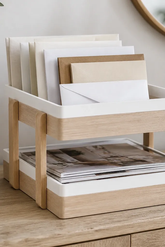 A two-tier tray made of light wood with a white top. Envelopes are upright in the top tier; magazines and junk mail rest in the bottom tier.