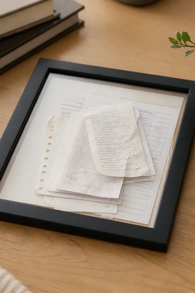 A small black photo frame laid face-up on the desk with a thin acrylic sheet inside it. Receipts and school forms sit neatly in the frame opening.