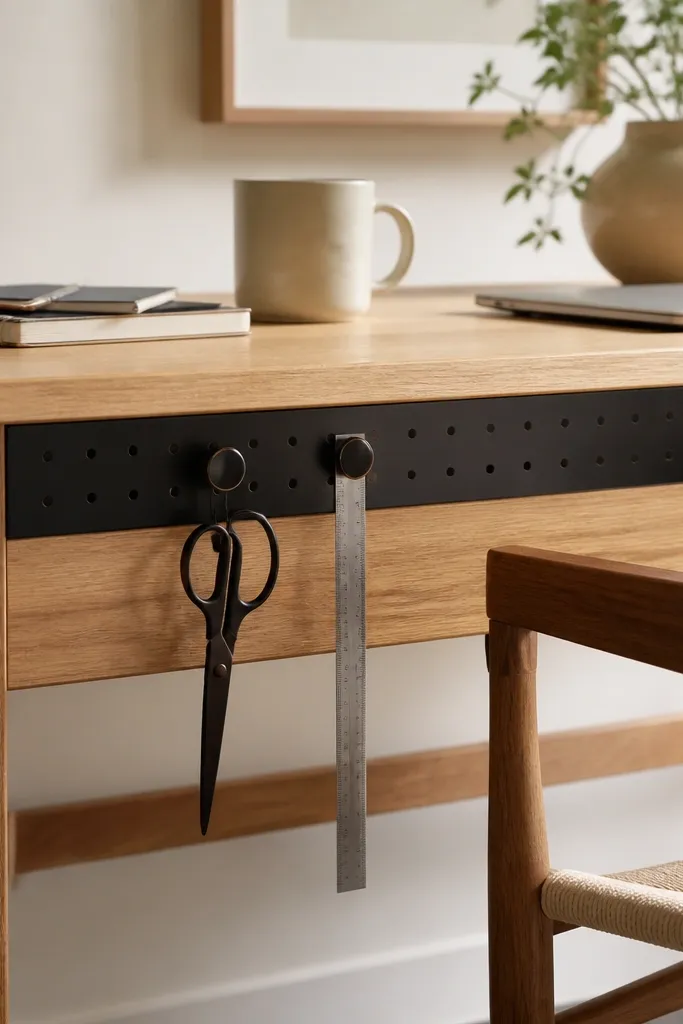 A slim pegboard strip mounted under the top edge of the desk. Small magnetic hooks hold scissors and a ruler vertically. The pegboard is matte black.