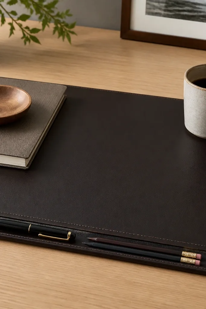 A deep espresso faux leather desk mat on a light wood desk. A stitched pencil slot runs along the front edge holding pencils and a pen.