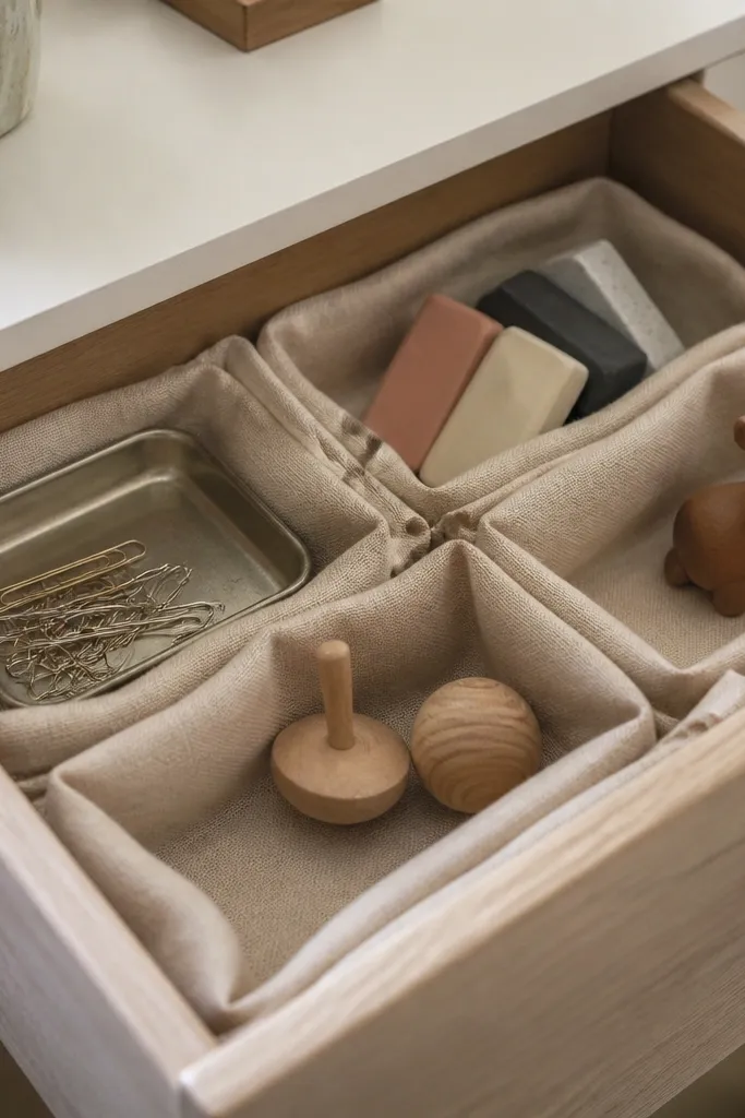 In a shallow drawer, a neatly folded beige fabric napkin creates sections. A small metal tray sits on one side for paper clips; erasers and small toys sit in the napkin compartments.