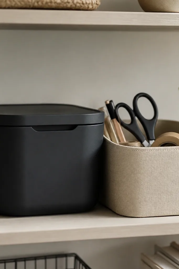 On a shelf, two bins sit side by side. The left bin is lidded in matte black for messy supplies. The right bin is open in light sand fabric for tools like scissors and tape.