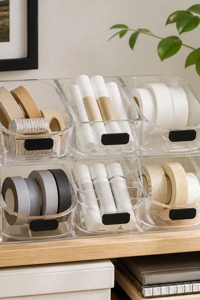 A clear organizer with circular compartments holds tape rolls, glue sticks, and label tape. The organizer sits on a desk shelf, with black labels on each compartment.