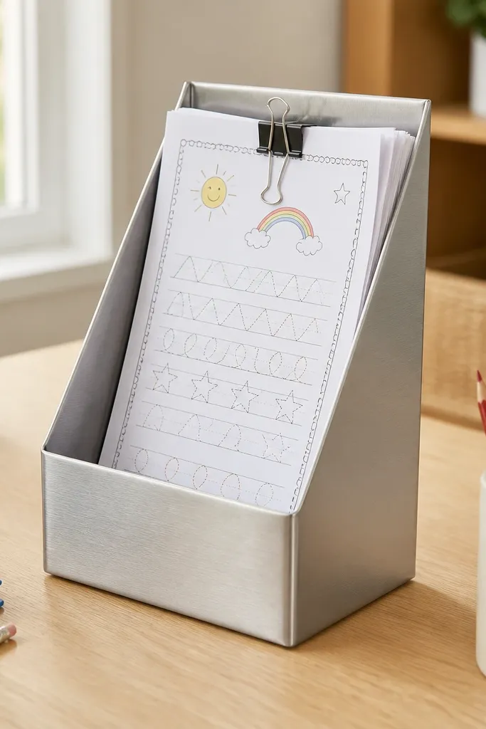 A vertical metal magazine holder in brushed silver on the desk. Kids' completed worksheets sit inside in a neat stack clipped with a binder clip.