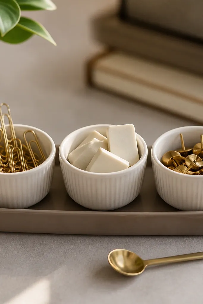 Three small white porcelain ramekins on a desk tray. One has paper clips, one has erasers, and one has thumbtacks. A small spoon rests beside the tray.