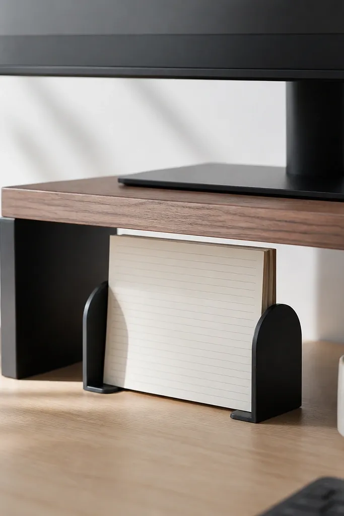 Two small black bookends placed under a monitor stand. A notepad stands upright between them, with the top page visible and aligned.