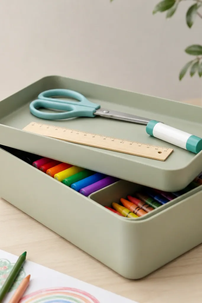 A shallow tray on top of a lidded box. The tray holds scissors, a small ruler, and a glue stick. The box holds markers and crayons under the lid.