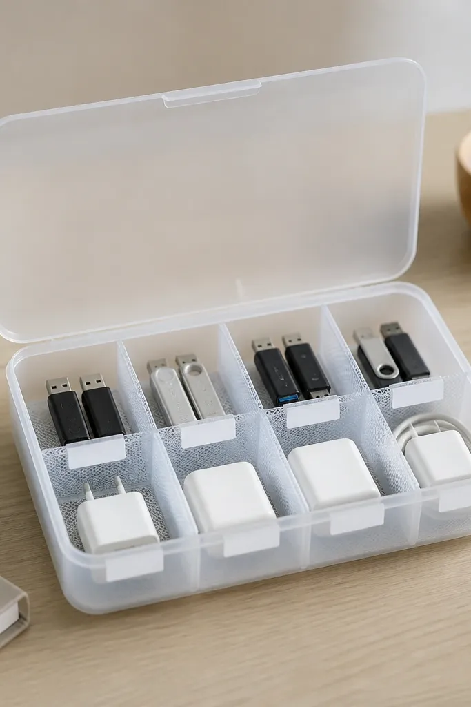 A matte clear plastic box with a hinged lid. Inside are small mesh compartments for USB drives and charging adapters, each with a white label.