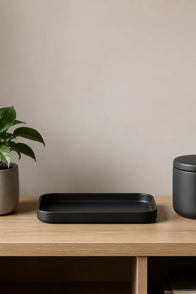 On a small desk shelf: a single small plant pot, a matte black tray centered, and one lidded bin on the right. Everything is spaced with visible gaps.