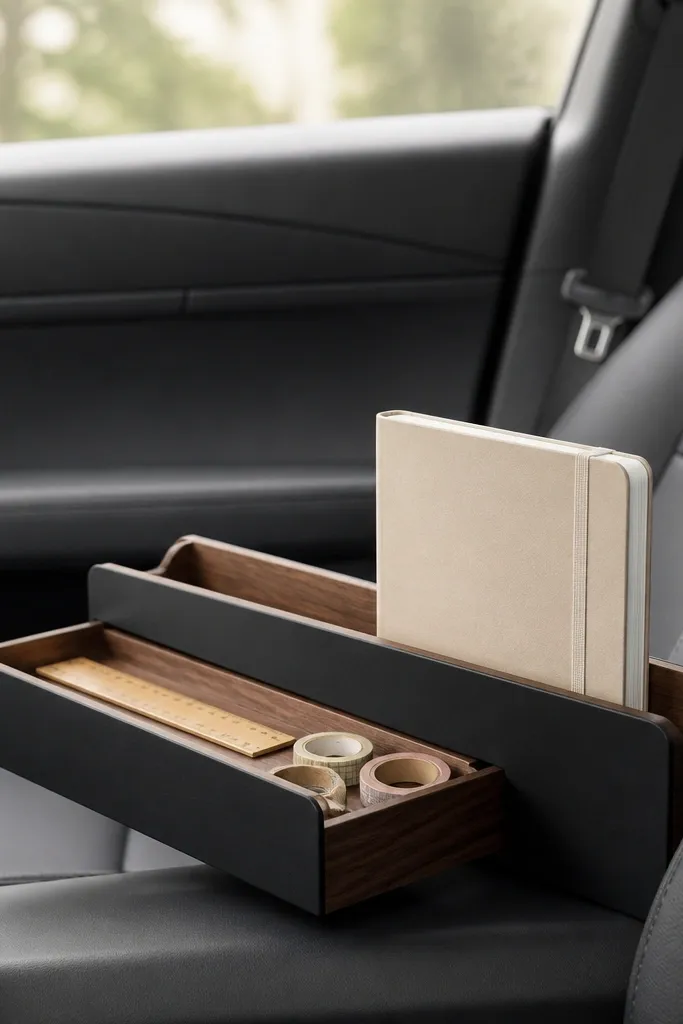 A slim side car organizer made from wood with a matte black front. A notebook stands upright on one side, and a shallow pull-out drawer holds rulers and sticky tapes.