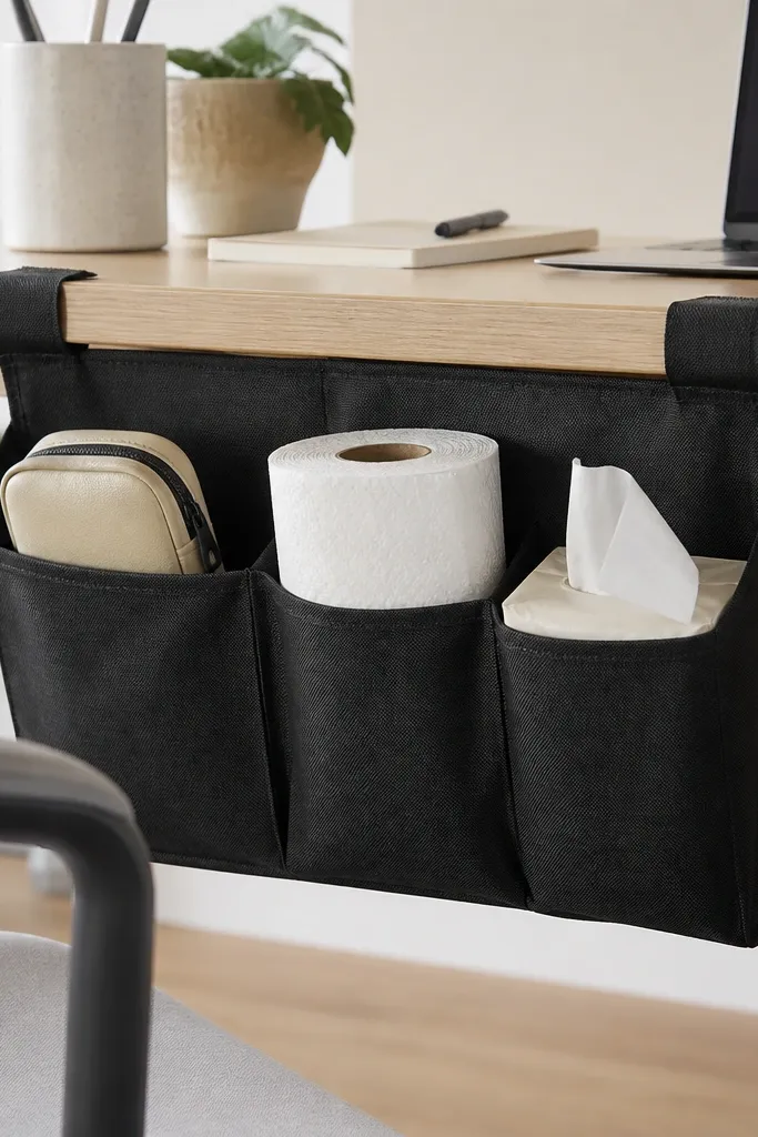 A black hanging pocket organizer attached under the desk with Velcro straps. It holds a small pencil pouch, a roll of paper towels, and a pack of tissues.