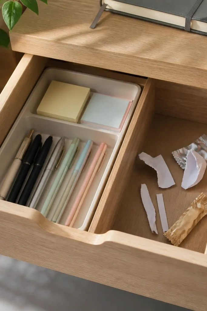 A desk drawer divided into two compartments. One side holds pens and sticky notes with a small organizer. The other side is a simple open slot labeled 'Trash' for wrappers and scraps.