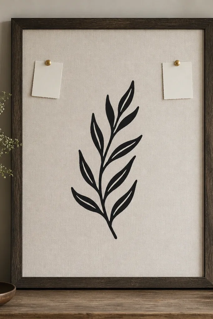 A 16x20 prayer board with a smoked oak frame, a cream linen rectangle centered, a single bold verse in black vinyl, and two small gold pushpins holding a tiny note at the top corners.