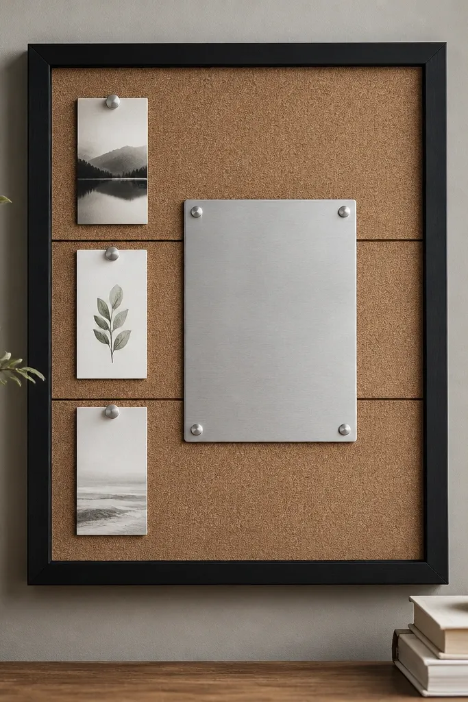 A matte black framed board with a cork backing. Three thin horizontal cork strips create a subtle grid. A silver acrylic verse plaque sits in the center, with small pinned cards in a neat column.
