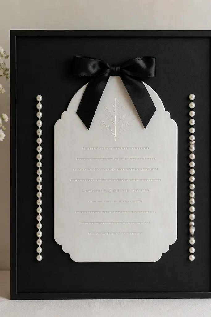 A matte black board with a thin black frame border. The center has a pearl-white acrylic plaque with engraved-looking scripture text. Around it are two vertical lines of small faux pearls and a single black satin bow at the top.