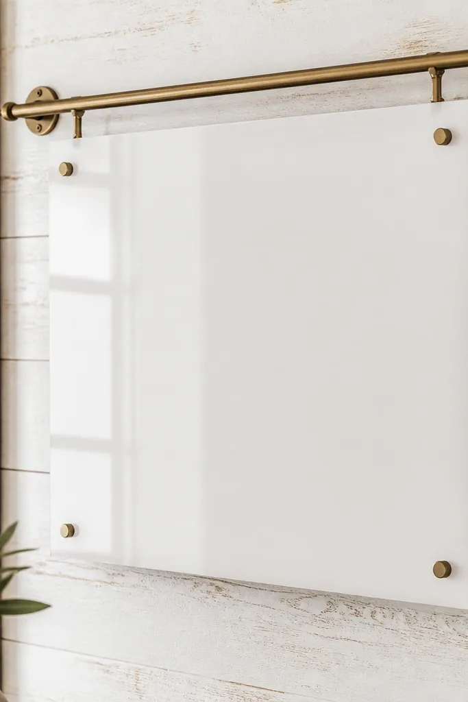 A white-washed wood board with warm grain visible. An aged brass rail runs along the top. A white acrylic verse panel hangs slightly away from the board with standoffs.