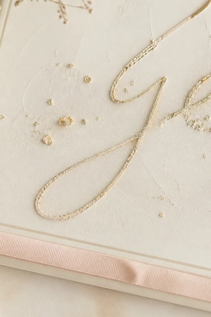 A cream board with champagne gold leaf script across a raised panel. The board has a subtle texture, like plaster paint. Tiny gold leaf flecks appear around the center, and a narrow blush ribbon border frames the bottom edge.