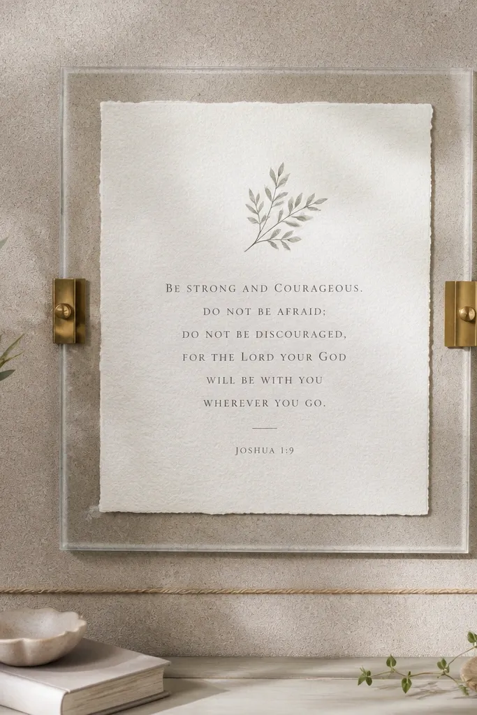 A soft greige cork board with a centered scripture print behind a clear glass-like frame. Two small brass clip holders sit on the left and right edges, and a thin jute twine line runs just under the frame.