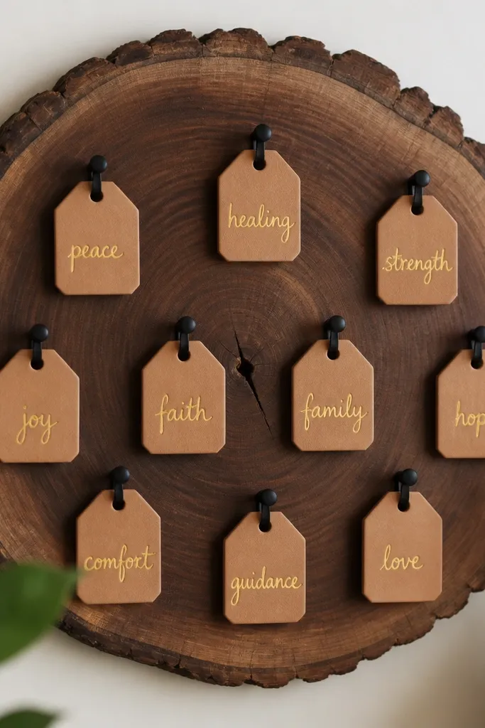 A prayer board with a walnut slice background. Several small tan leatherette tags hang from black pegs, each tag showing a handwritten prayer word in gold marker.