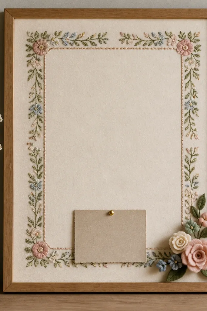 A 14x18 board backed with cream felt. A faux embroidered-style border frames a central printed verse. Small felt flowers and a single pin hold a card at the bottom.