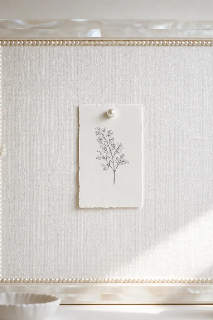 A white prayer board with a raised rectangular frame in pale iridescent pearl acrylic. The center has only one small verse card in black ink, and a border of tiny pearl beads lines the inside edge.