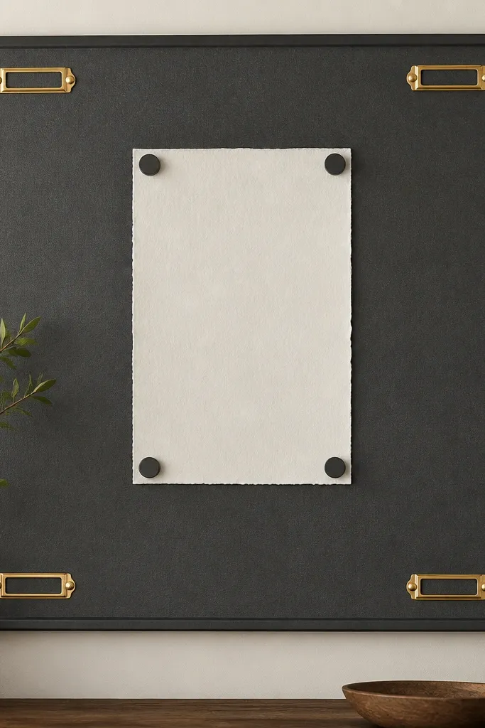 A charcoal-gray magnetic board. In each corner, a gold label strip reads a category. The center has a minimal verse printed on matte paper held by magnets.