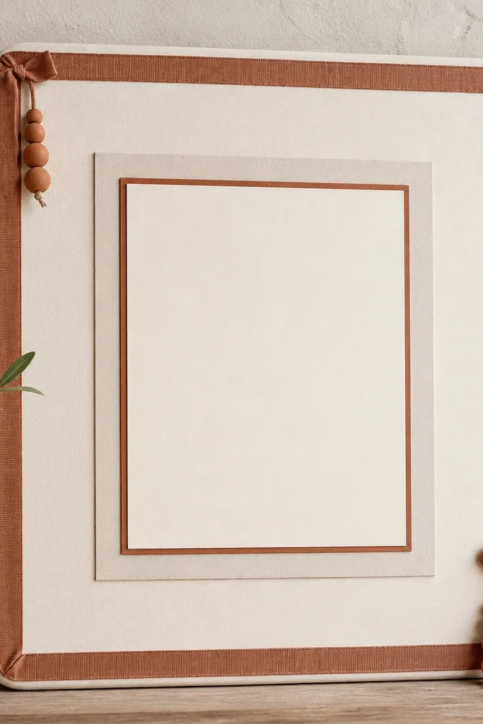 A cream board with a terracotta ribbon border. The center has a layered mat in cream and terracotta with scripture text. Small terracotta clay beads hang from two corners like subtle tassels.