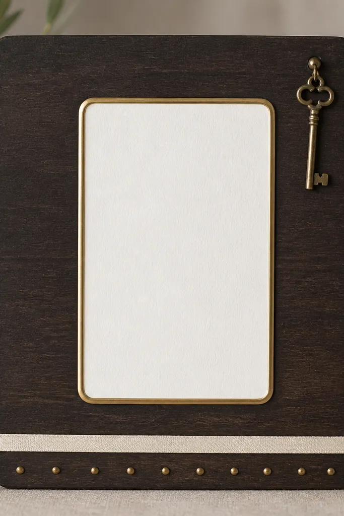 A dark espresso wood prayer board with a brass key charm at the upper right. The center is a raised white scripture card in a thin brass frame. Along the bottom edge are tiny brass dots and a thin cream ribbon strip.