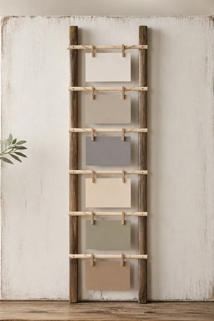 A 16x20 board with a small two-tone wood ladder at center. From the ladder rungs hang 6 scripture cards on twine clips, each card in a different neutral color.