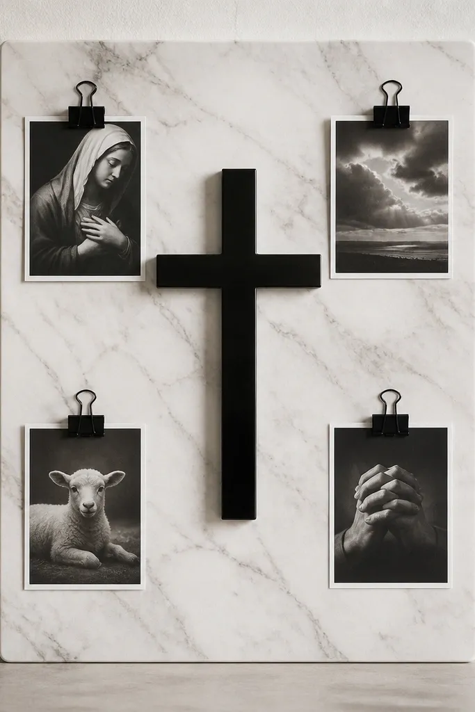 A 12x16 board covered in marble-effect vinyl. A black acrylic cross sits centered. Small black-and-white prayer cards are held by black binder clips.