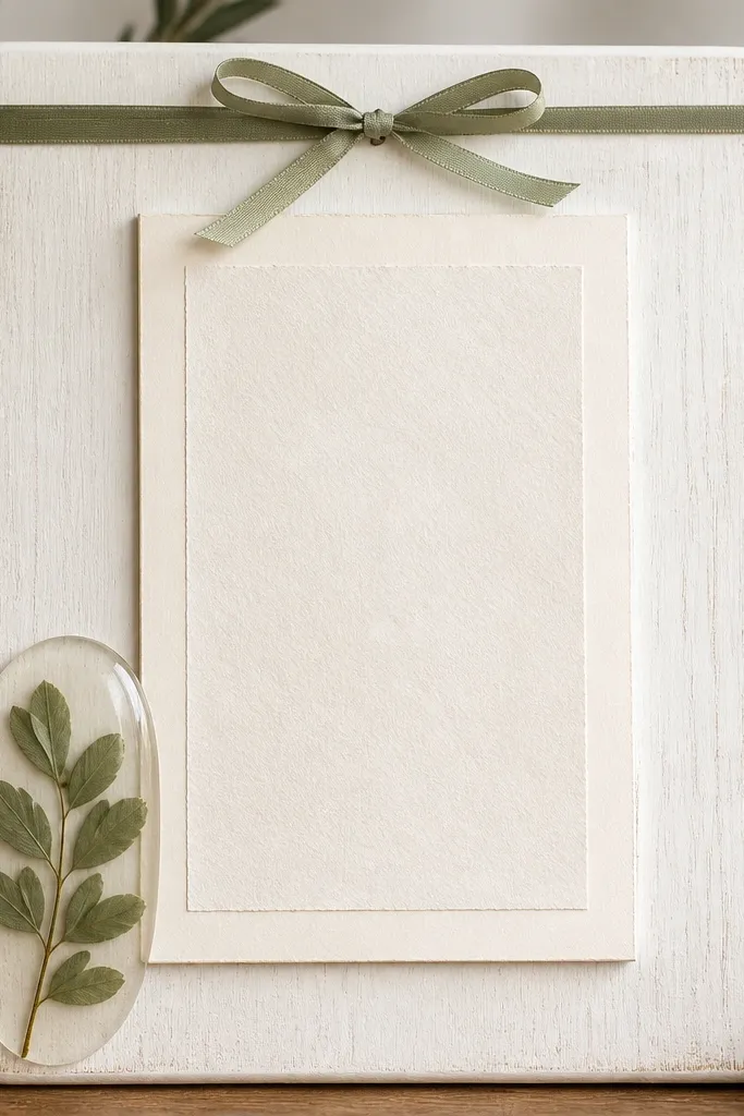 A whitewashed board with a soft green pressed leaf in the bottom left corner under a clear resin dome. A centered scripture print sits on a raised off-white mat. The top edge has a thin sage ribbon bow.