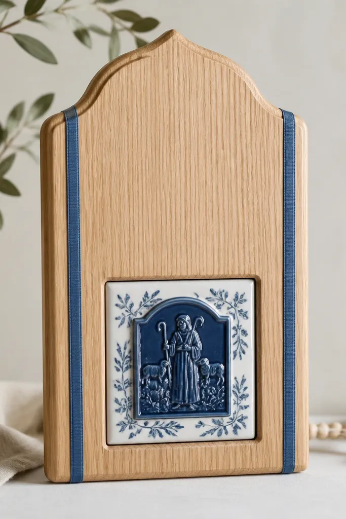 A light oak prayer board with a small square porcelain tile set into the bottom center. The center has a raised navy scripture panel. Two thin blue ribbon strips frame the tile area like a window.