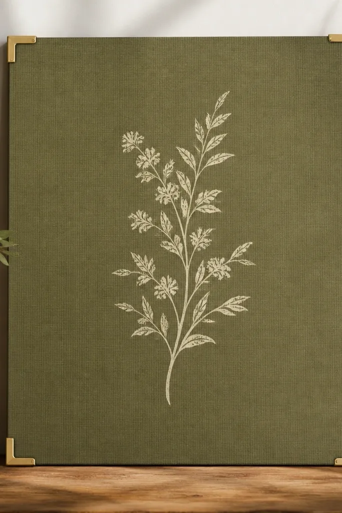 A 16x20 board with olive linen fabric backing. Four brass corner protectors frame the edges. A large single verse in cream lettering sits centered.