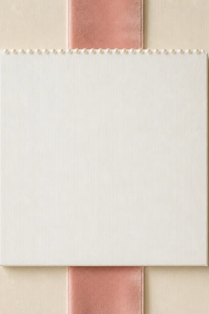 A cream board with a vertical blush velvet ribbon strip running through the center. The scripture print sits inside a raised white rectangle. Small pearls line the top edge of the raised rectangle.